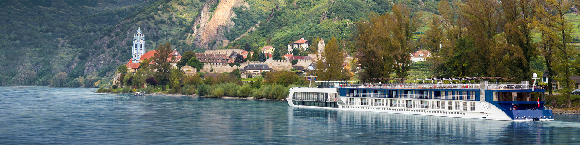 Amawaterways ship sailing the Danube into Durnstein, Austria